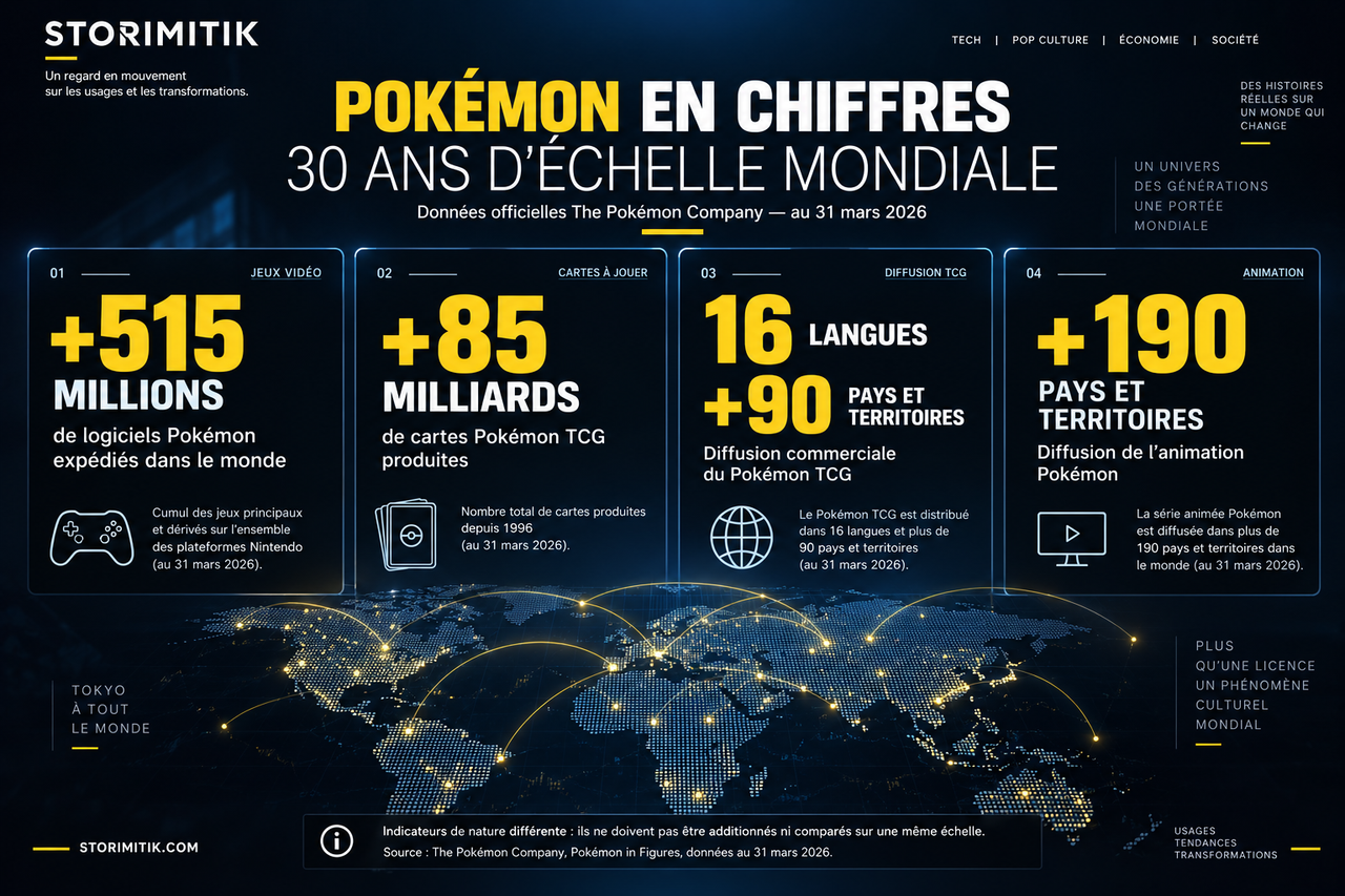 Datavisualisation STORIMITIK des chiffres officiels Pokémon au 31 mars 2026 : logiciels expédiés, cartes produites, langues et diffusion mondiale.