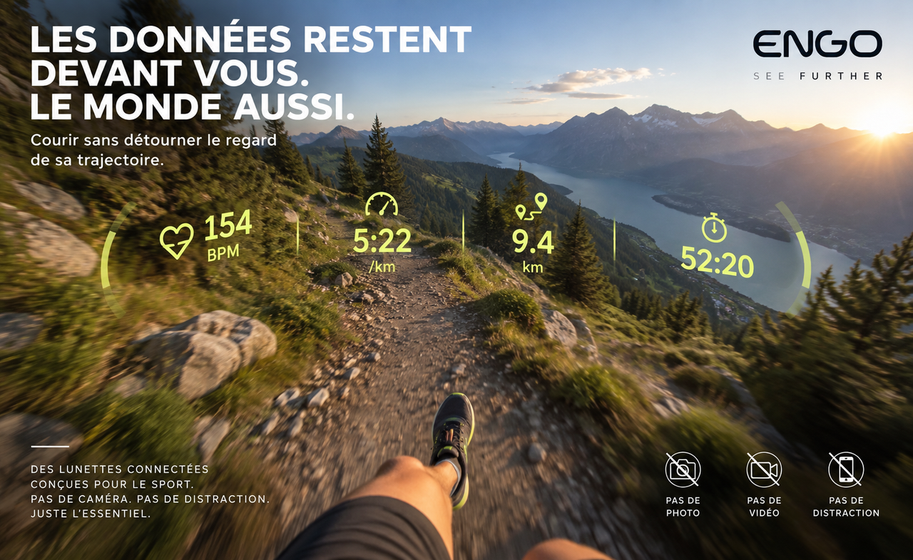 Vue subjective d’un coureur sur un sentier de montagne avec rythme cardiaque, allure, distance et temps affichés dans le champ de vision.
