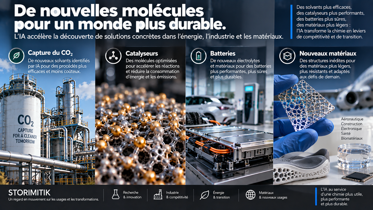 Infographie STORIMITIK présentant des applications de la découverte chimique assistée par IA : capture du CO2, catalyseurs, batteries et nouveaux matériaux.