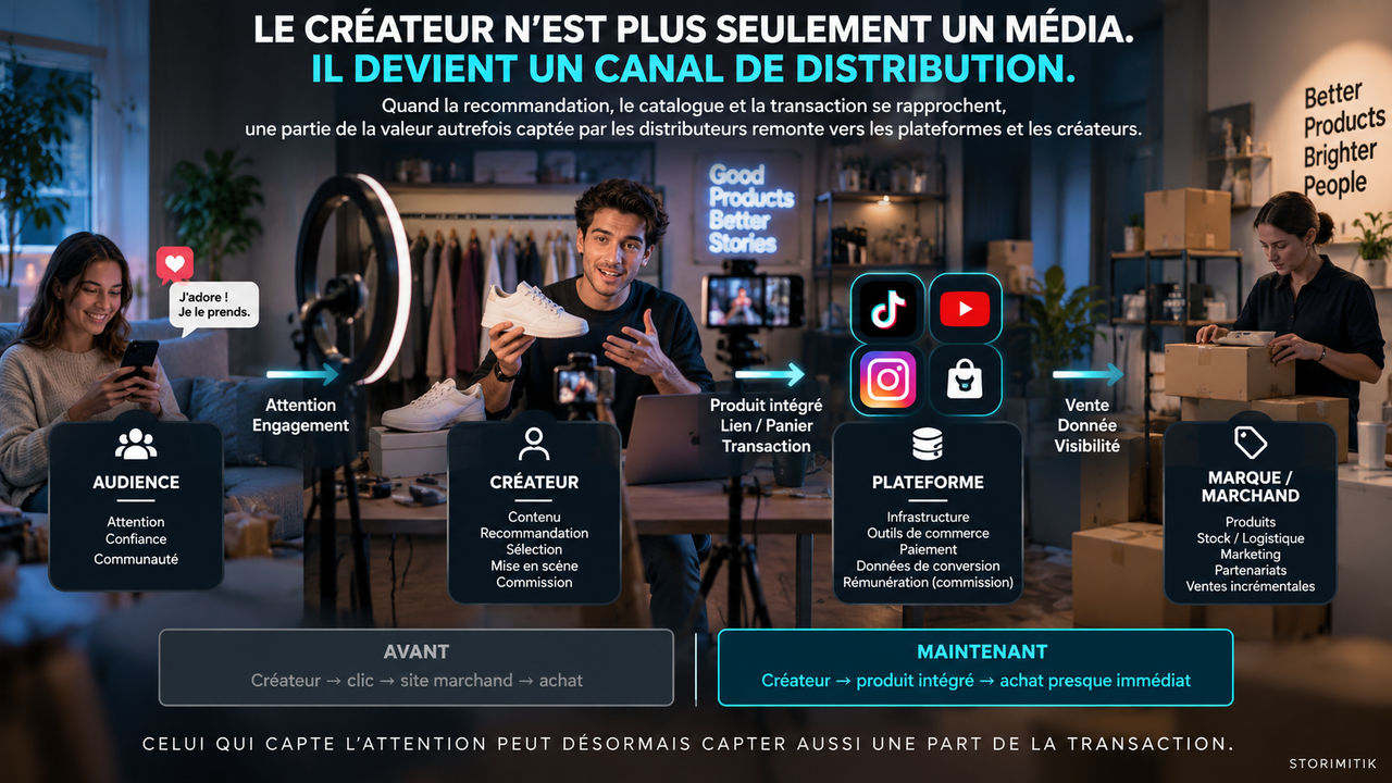 Infographie éditoriale STORIMITIK montrant la chaîne de valeur du creator commerce : audience, créateur, plateforme, marque ou marchand.