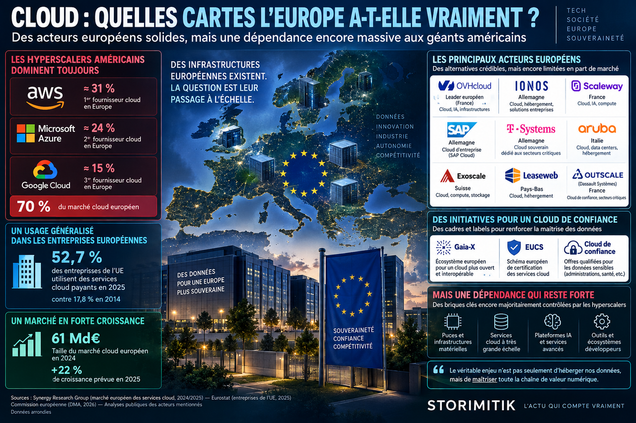 Infographie STORIMITIK présentant les acteurs européens du cloud, les initiatives de confiance et les principales dépendances technologiques.