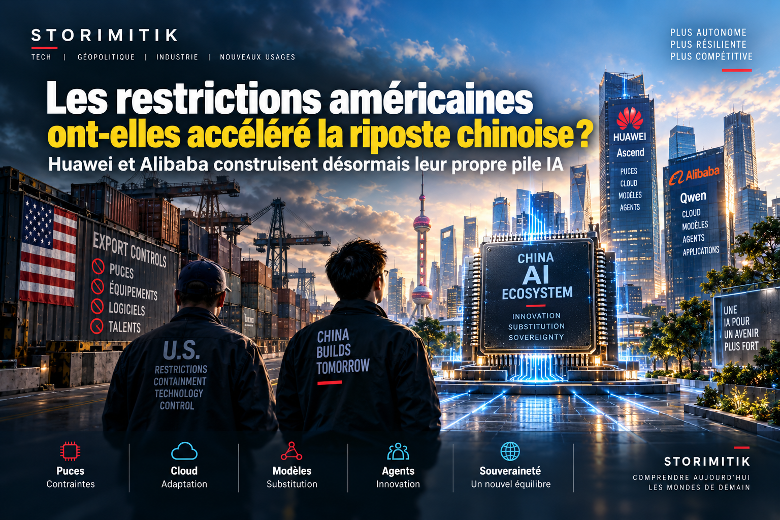 Illustration éditoriale STORIMITIK sur les restrictions américaines visant les semi-conducteurs et la réponse technologique chinoise autour de Huawei et Alibaba.