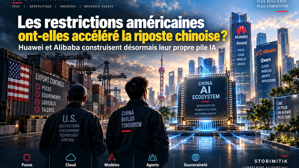 Illustration éditoriale STORIMITIK sur les restrictions américaines visant les semi-conducteurs et la réponse technologique chinoise autour de Huawei et Alibaba.