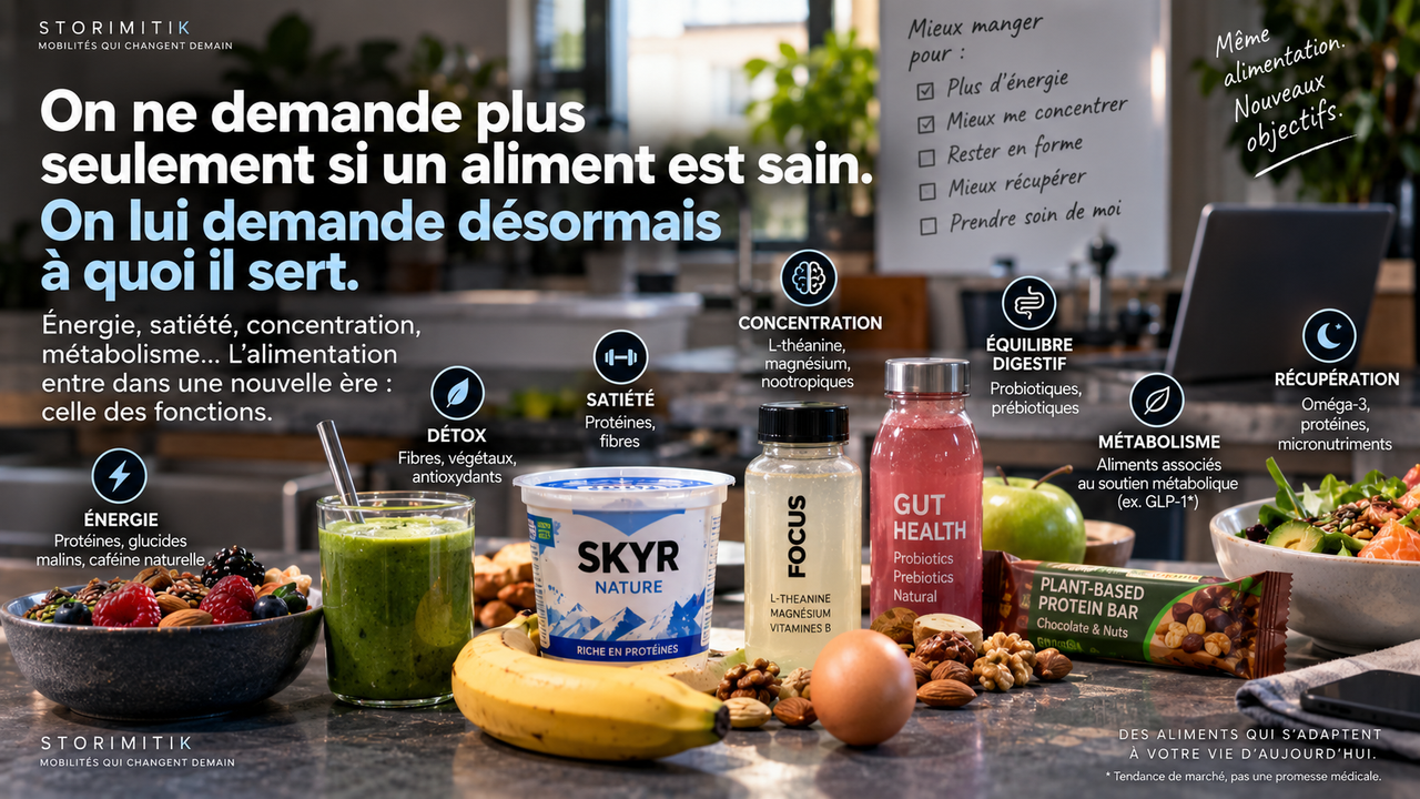 Illustration éditoriale d’aliments et boissons associés à différentes fonctions : énergie, satiété, concentration, digestion, métabolisme et récupération.