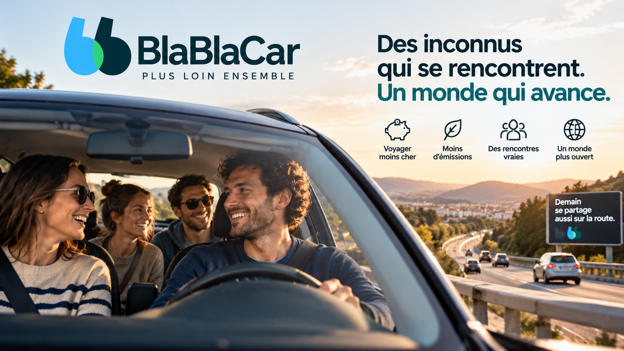 Composition éditoriale montrant plusieurs covoitureurs souriants dans une voiture, accompagnés d’éléments graphiques évoquant la communauté et le voyage partagé.