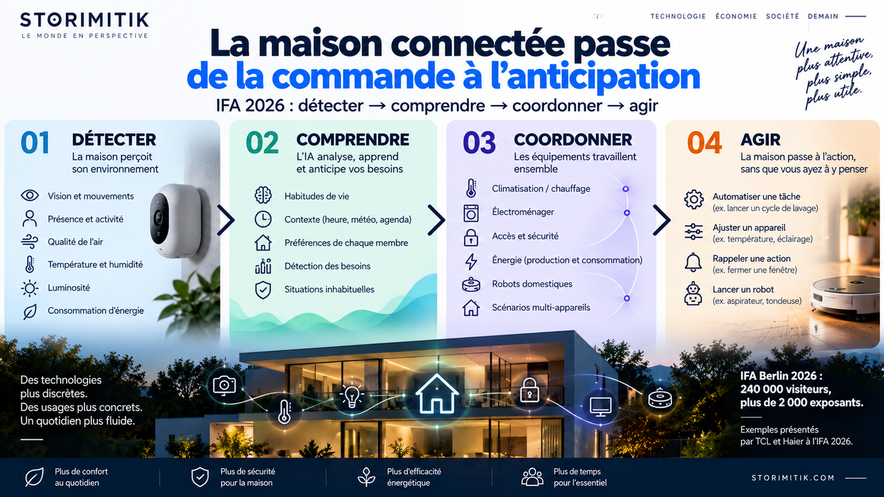 Infographie conceptuelle montrant quatre étapes d’une maison connectée : détecter, comprendre, coordonner et agir.