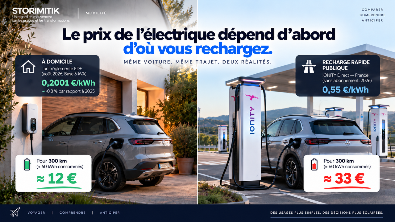 Illustration éditoriale STORIMITIK comparant le coût d’une recharge à domicile et d’une recharge rapide publique pour une même voiture électrique.