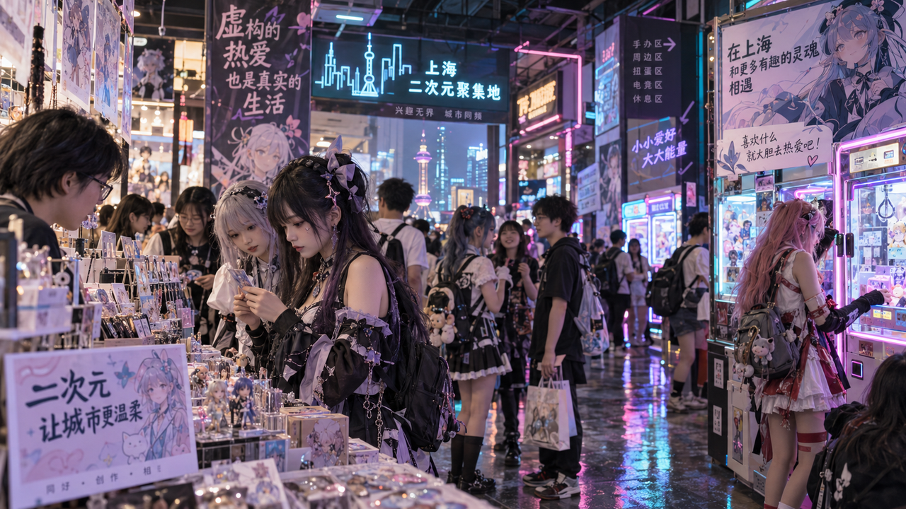 Jeunes fans de culture 二次元 dans une scène inspirée de Shanghai, entre cosplay, arcade et produits dérivés.
