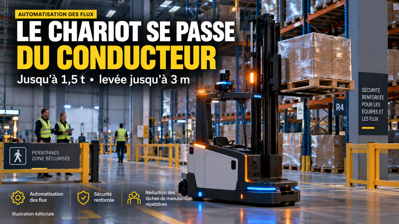 Illustration éditoriale STORIMITIK montrant un chariot élévateur autonome transportant une palette dans un entrepôt partagé avec des opérateurs.