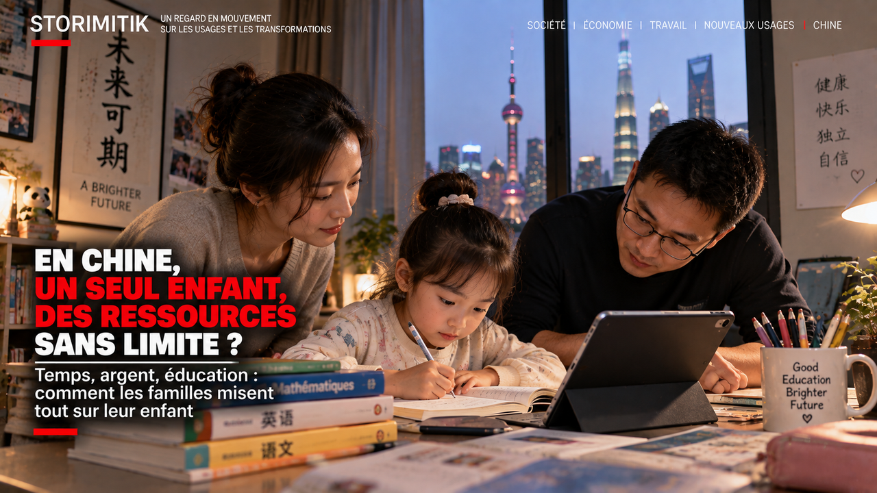 Illustration éditoriale STORIMITIK montrant un enfant faisant ses devoirs avec ses parents dans un intérieur urbain contemporain inspiré de Shanghai.