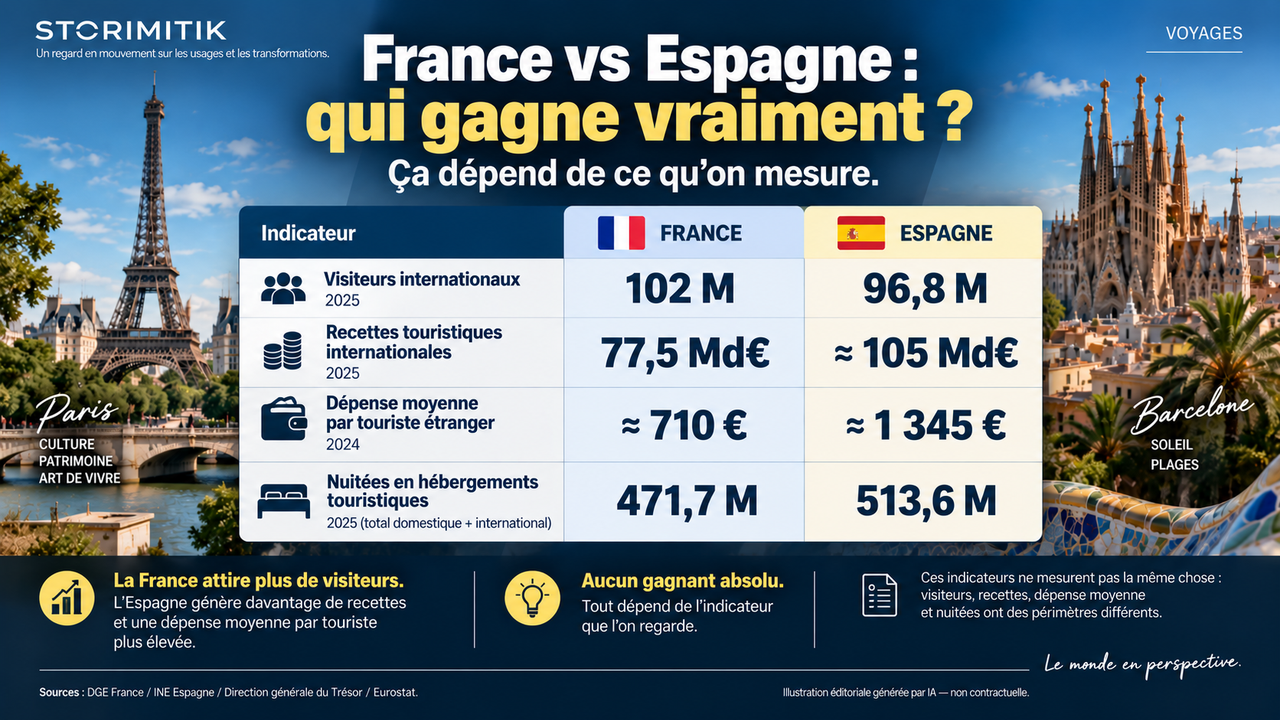 Tableau éditorial comparant la France et l’Espagne selon quatre indicateurs touristiques : visiteurs, recettes, dépense moyenne et nuitées.
