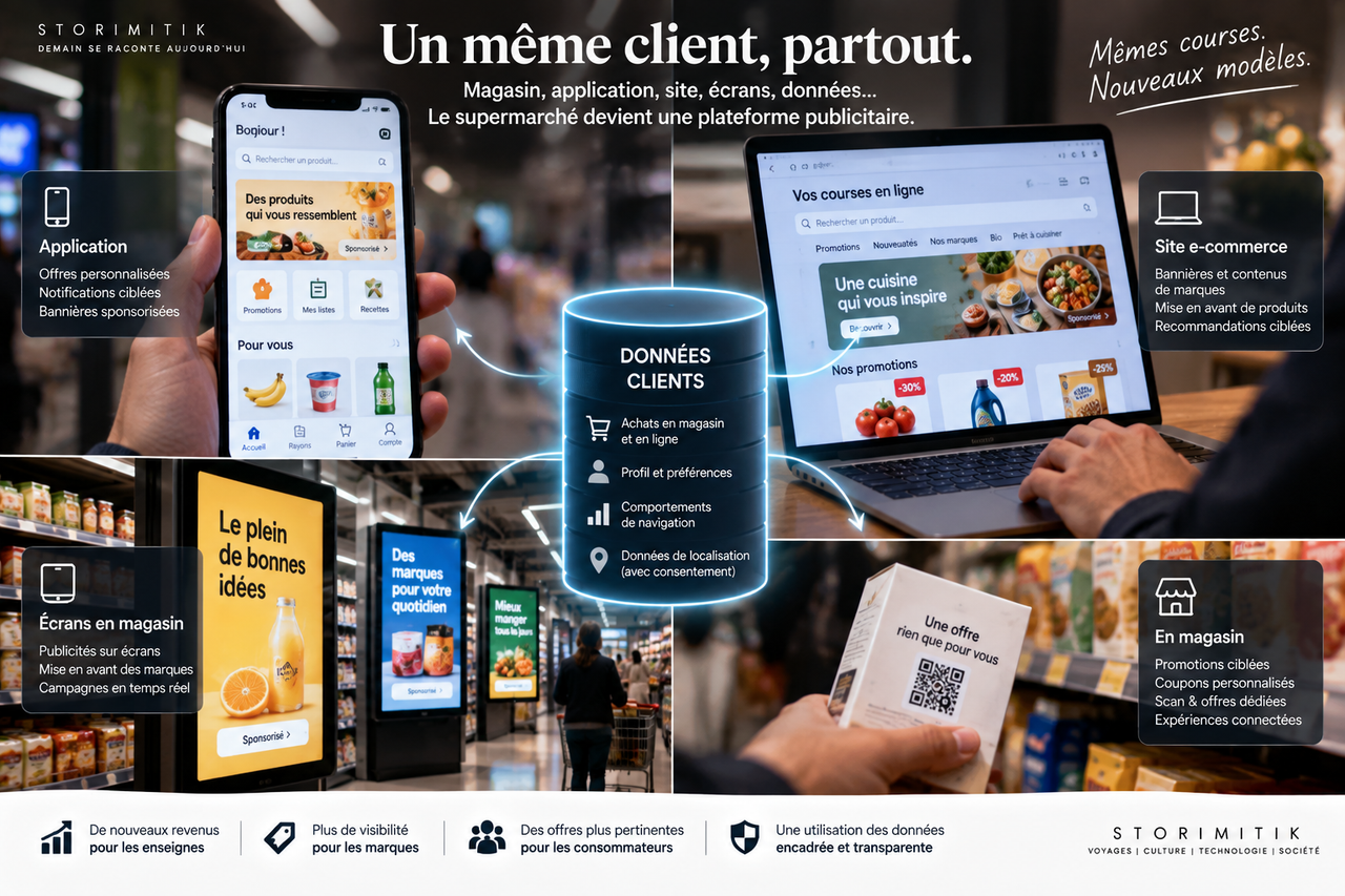 Infographie conceptuelle montrant l’écosystème retail media entre application, site e-commerce, magasin et données clients.