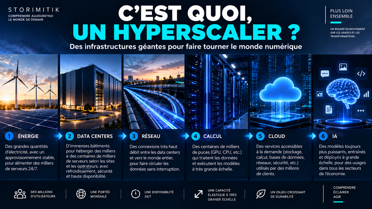 Illustration éditoriale STORIMITIK expliquant les différentes couches d’un hyperscaler : énergie, data centers, réseau, calcul, cloud et intelligence artificielle.