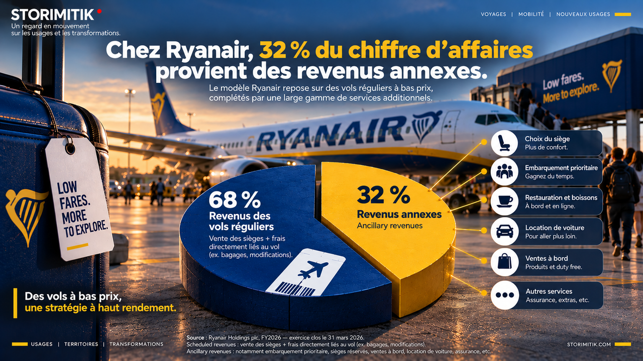 Infographie STORIMITIK représentant la répartition FY2026 de Ryanair entre 68 % de revenus programmés et 32 % de revenus annexes.