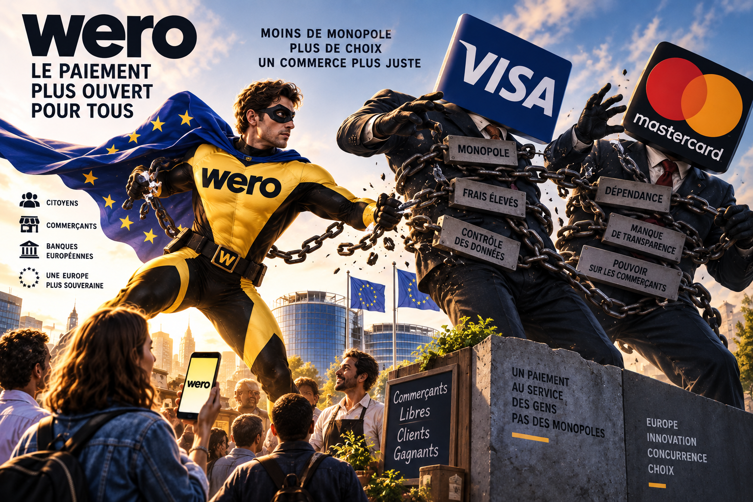 Illustration éditoriale représentant Wero comme une alternative européenne face à Visa et Mastercard.
