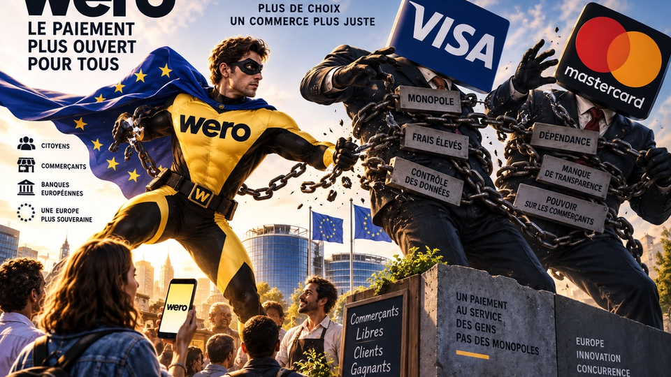Illustration éditoriale représentant Wero comme une alternative européenne face à Visa et Mastercard.