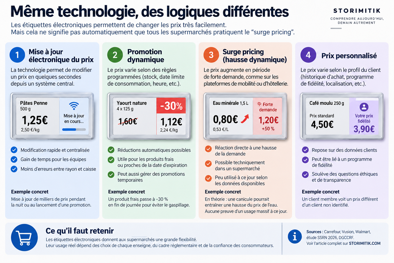 Infographie comparant mise à jour électronique du prix, promotion dynamique, surge pricing et prix personnalisé.