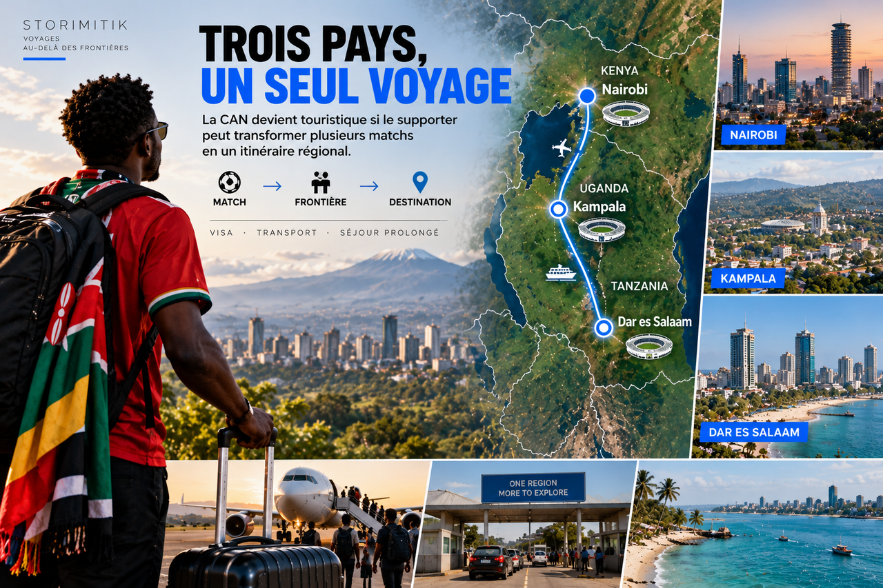 Carte éditoriale STORIMITIK reliant Nairobi, Kampala et Dar es Salaam dans un itinéraire régional autour de la CAN 2027.