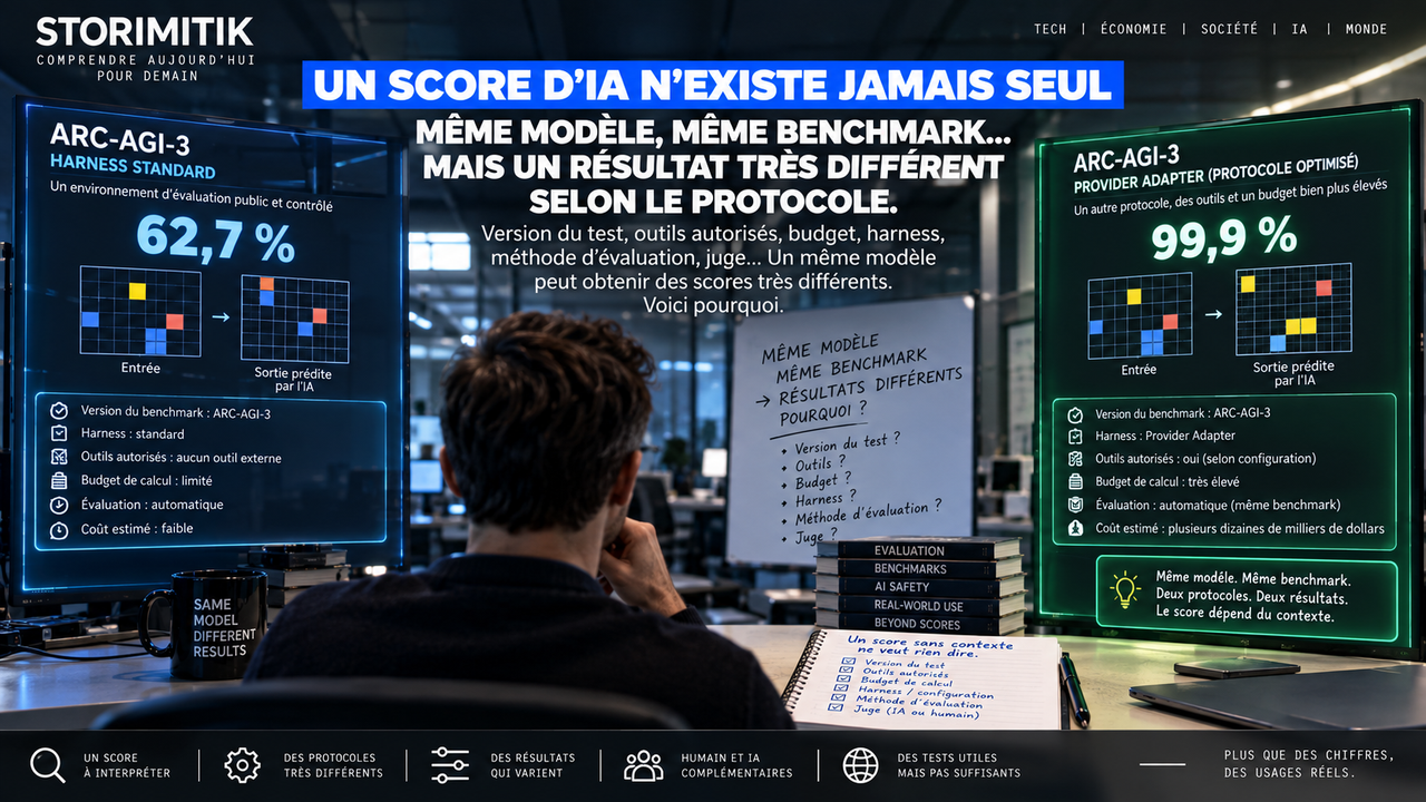 Illustration conceptuelle montrant un même modèle d’IA obtenant des scores très différents sur ARC-AGI-3 selon le harness et le protocole d’évaluation.