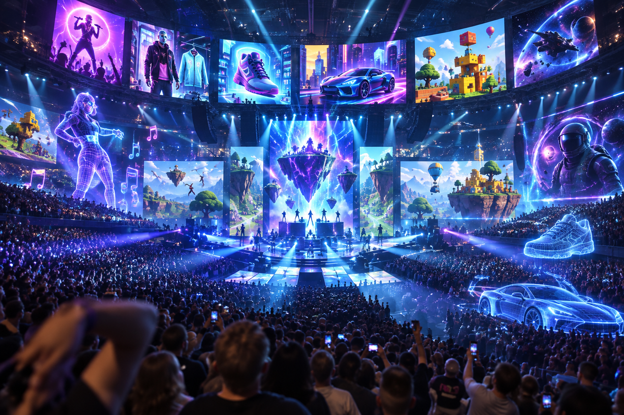 Arène immersive mêlant concert, univers de jeu, mode, automobile, construction et science-fiction pour illustrer Fortnite comme plateforme de pop culture.
