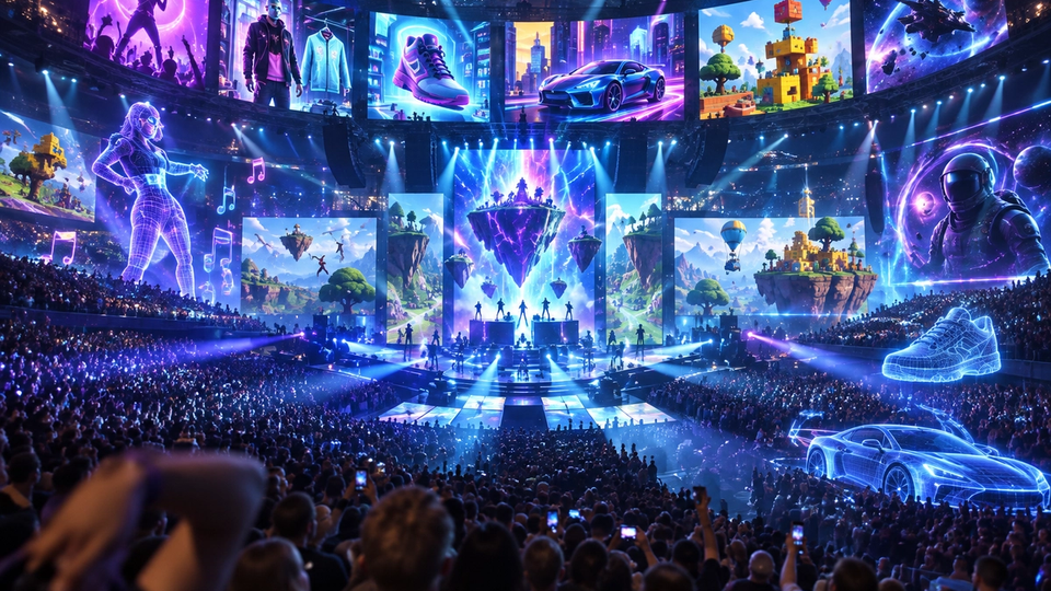 Arène immersive mêlant concert, univers de jeu, mode, automobile, construction et science-fiction pour illustrer Fortnite comme plateforme de pop culture.