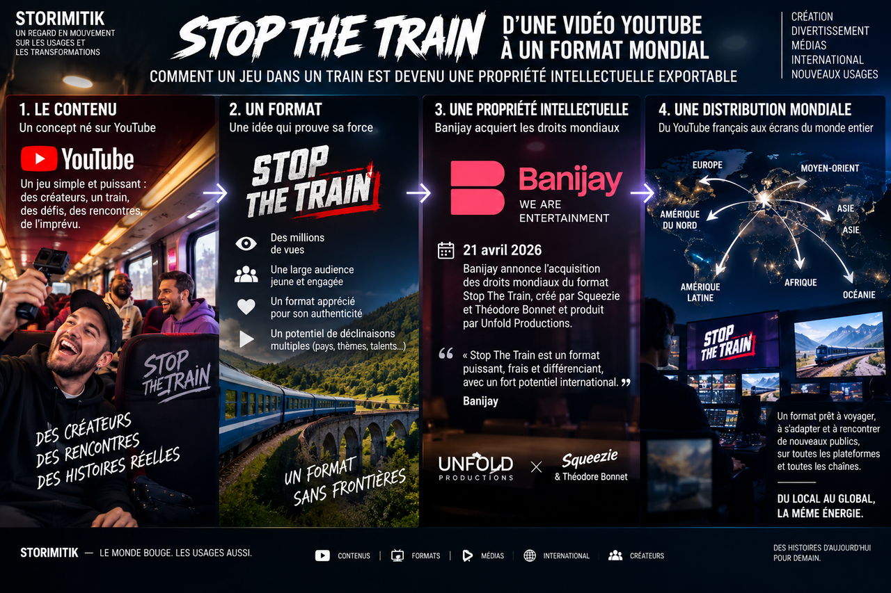 Infographie STORIMITIK montrant le passage de Stop The Train de YouTube à une propriété intellectuelle distribuable mondialement par Banijay.