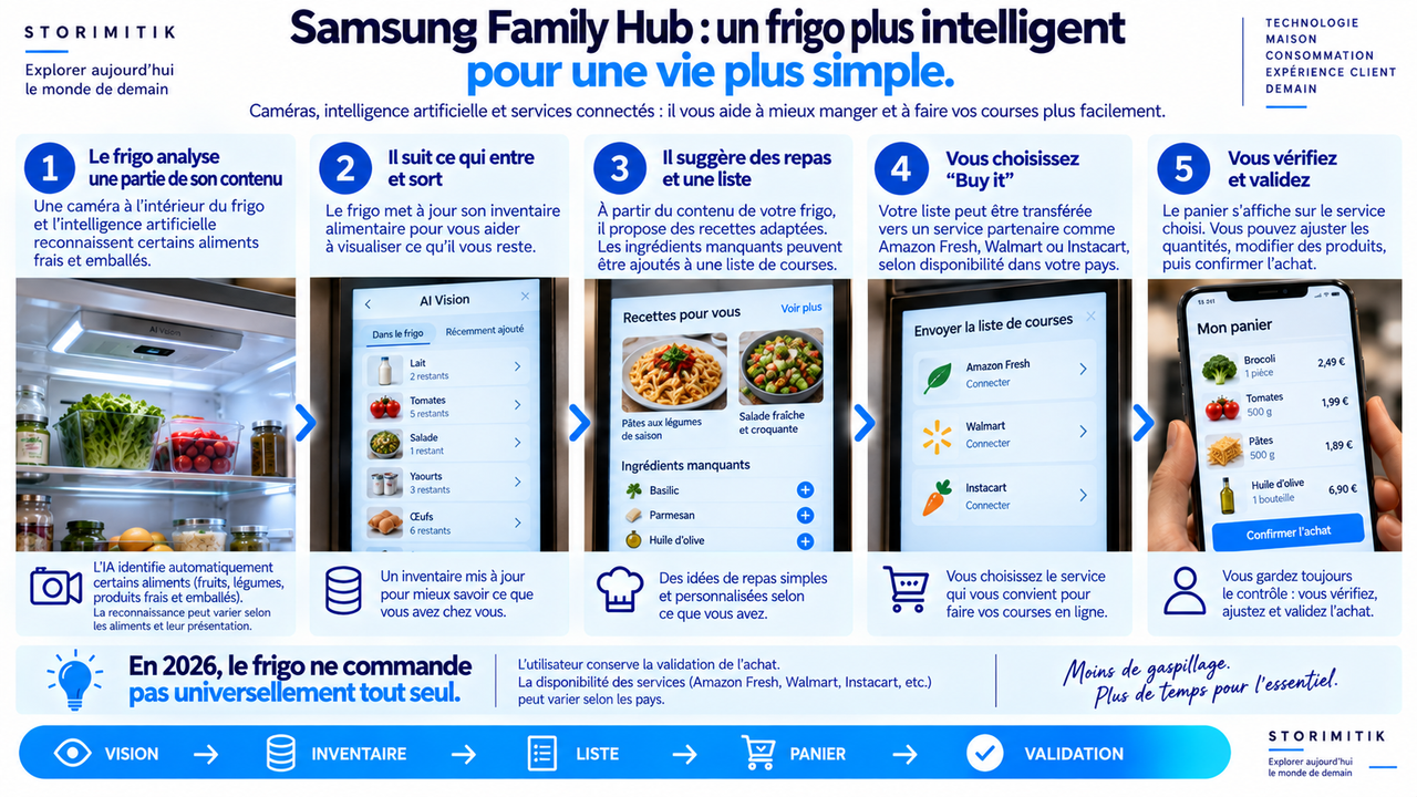Infographie expliquant le fonctionnement du Samsung Family Hub : reconnaissance partielle des aliments, inventaire, recettes, liste de courses, transfert vers un service partenaire puis validation de l’achat par l’utilisateur.