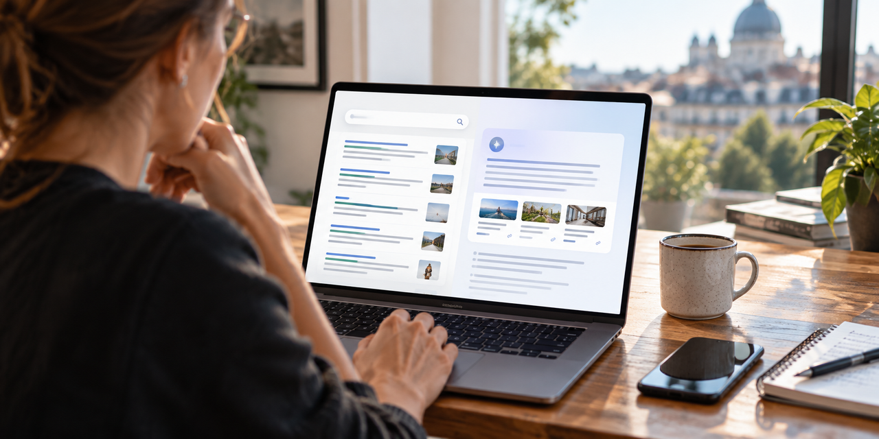 Une personne consulte sur son ordinateur une interface mêlant résultats de recherche classiques et réponse générée par intelligence artificielle.