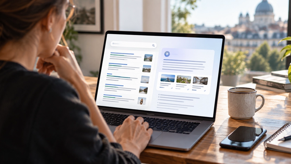 Une personne consulte sur son ordinateur une interface mêlant résultats de recherche classiques et réponse générée par intelligence artificielle.