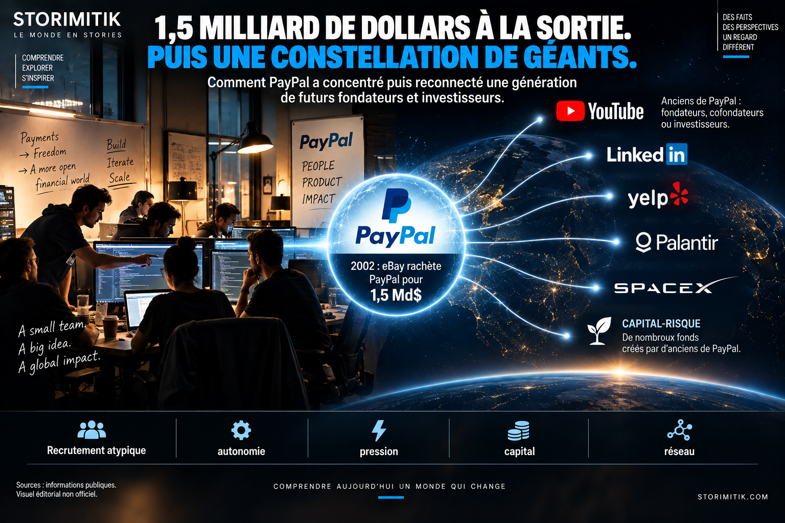 Illustration STORIMITIK montrant PayPal au centre d’une constellation de sociétés fondées ou financées par d’anciens de l’entreprise.