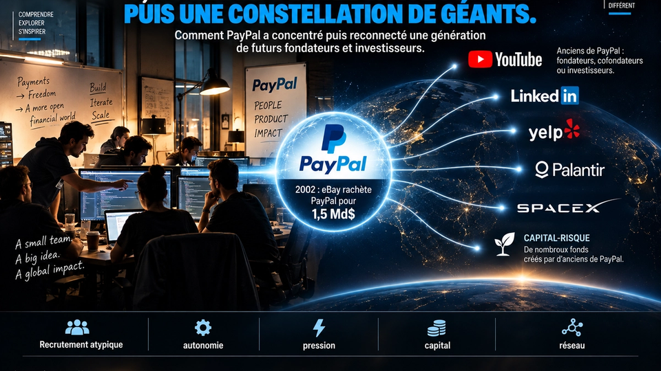 Illustration STORIMITIK montrant PayPal au centre d’une constellation de sociétés fondées ou financées par d’anciens de l’entreprise.