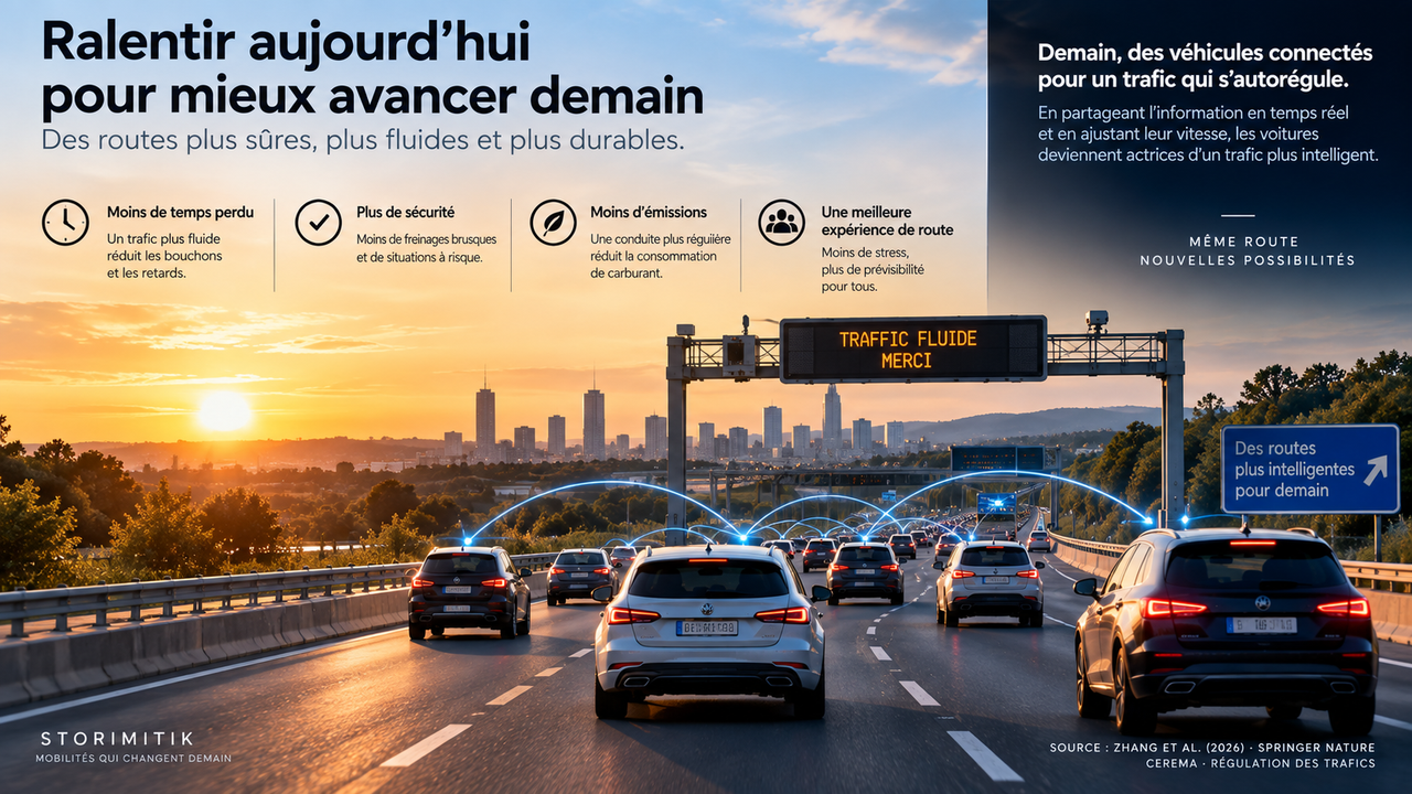 Illustration prospective d’une autoroute où des véhicules connectés échangent des informations pour réguler collectivement le trafic.