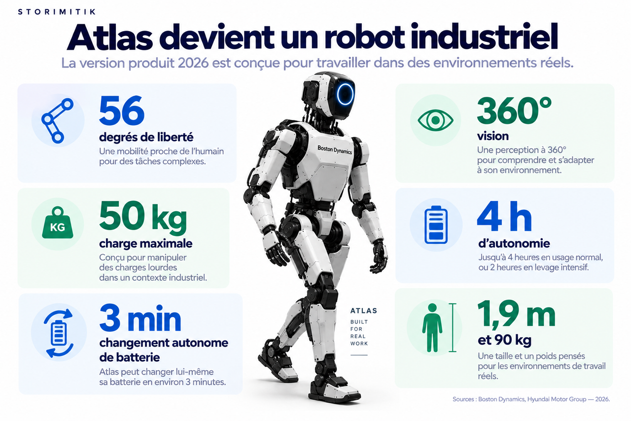Infographie présentant les principales caractéristiques industrielles d’Atlas : 56 degrés de liberté, vision 360 degrés, charge jusqu’à 50 kg, quatre heures d’autonomie, changement automatique de batterie, hauteur 1,9 m et poids 90 kg.