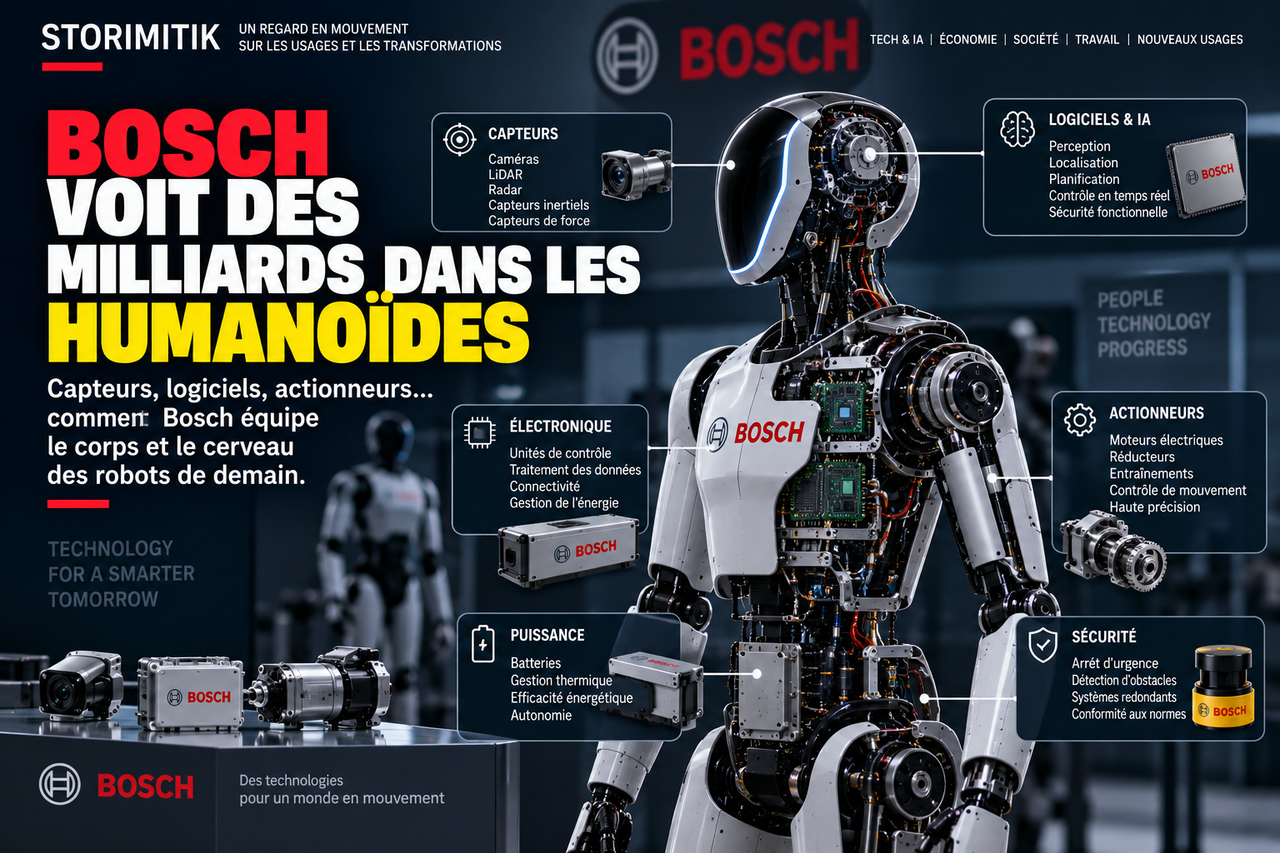 Illustration technique STORIMITIK en coupe d’un humanoïde, montrant les grandes familles de technologies nécessaires à sa perception, son contrôle, son mouvement et sa sécurité.