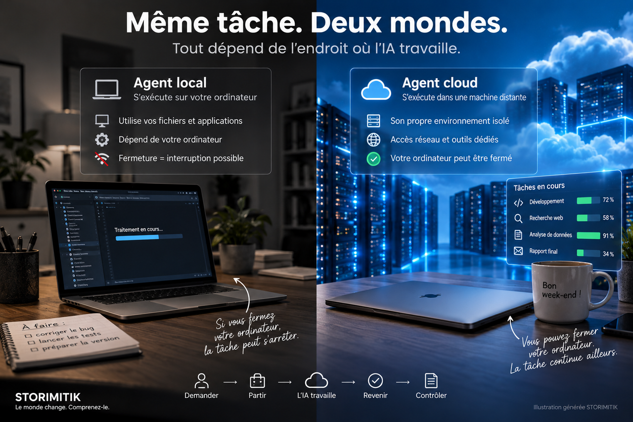 Infographie STORIMITIK comparant un agent IA local dépendant de l’ordinateur de l’utilisateur et un agent cloud s’exécutant sur une machine distante.