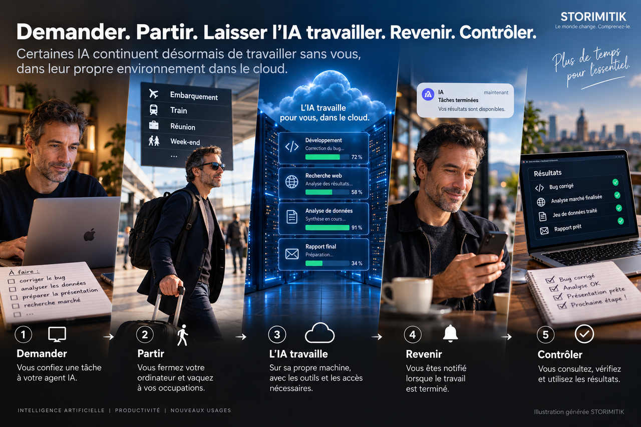 Infographie STORIMITIK montrant le nouveau cycle d’usage des agents IA : demander, partir, laisser l’IA travailler, revenir puis contrôler.