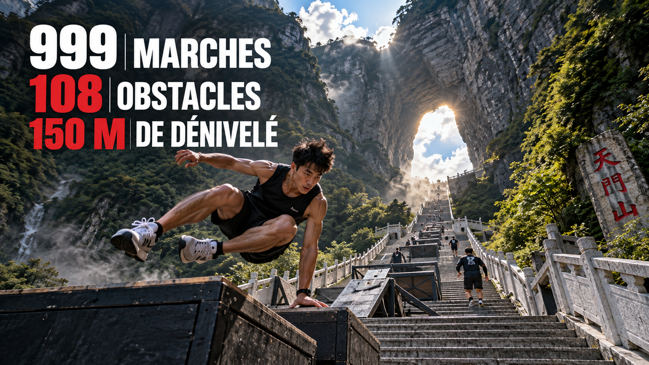 Athlète de parkour franchissant un obstacle sur l’escalier de Tianmen Mountain, avec les mentions 999 marches, 108 obstacles et 150 m de dénivelé.