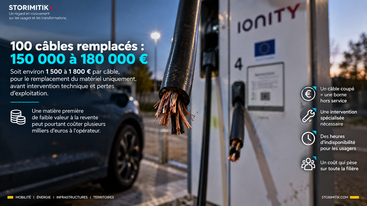 Gros plan éditorial sur un câble de recharge sectionné, cuivre visible, avec rappel du coût de remplacement.