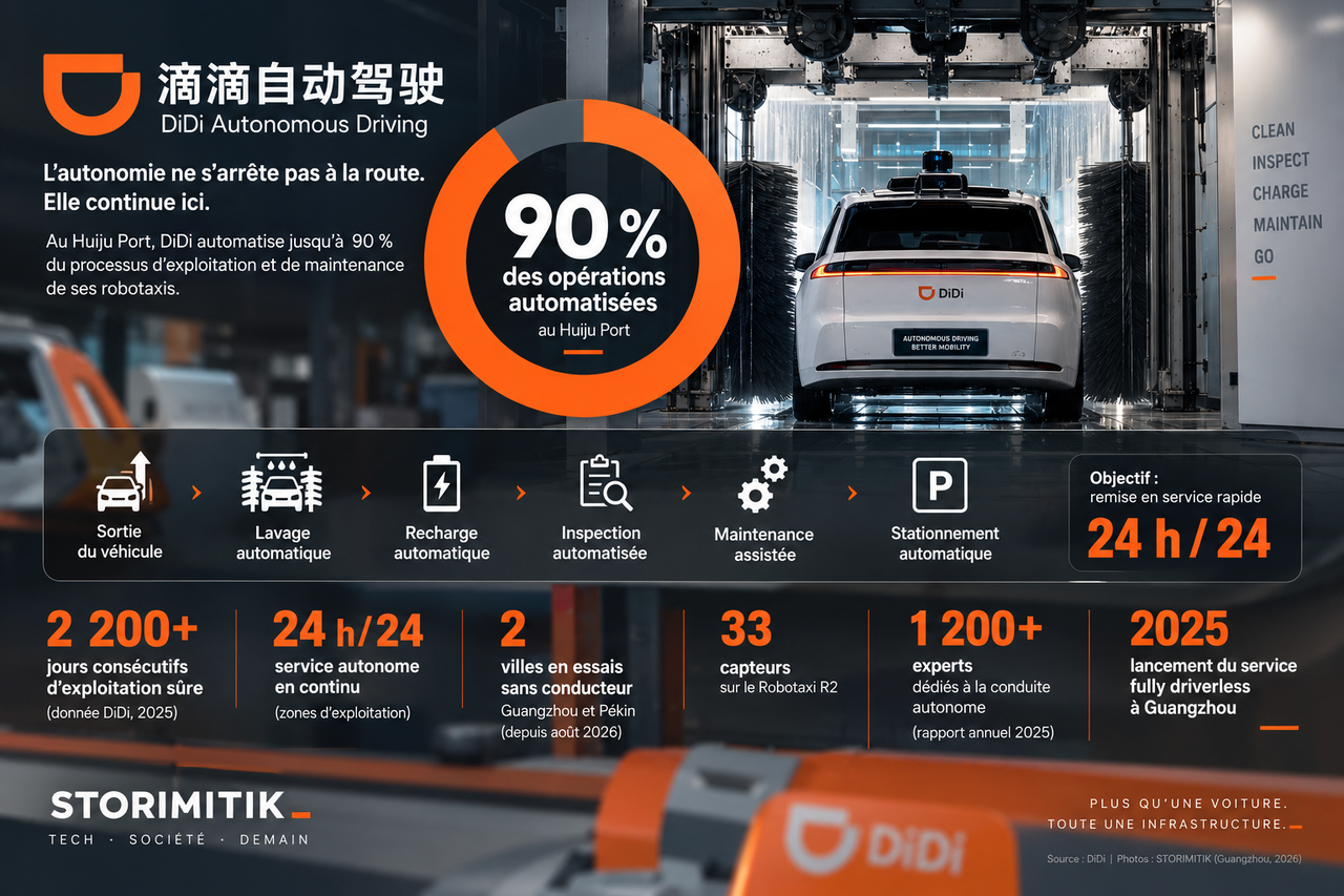 Infographie STORIMITIK expliquant le cycle d’exploitation et de maintenance automatisé des robotaxis DiDi à Huiju Port.