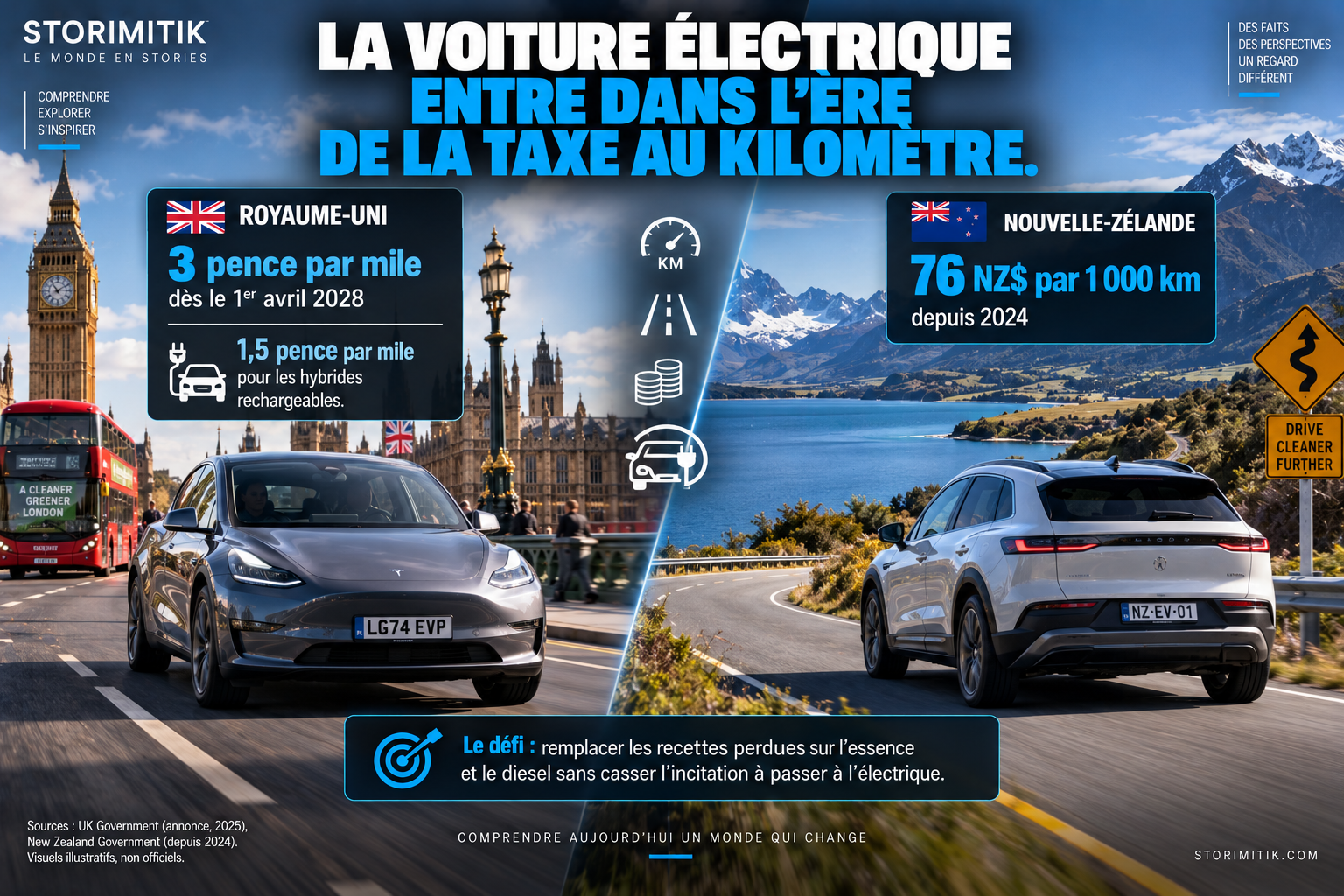 Illustration STORIMITIK comparant les taxes kilométriques sur véhicules électriques au Royaume-Uni et en Nouvelle-Zélande.
