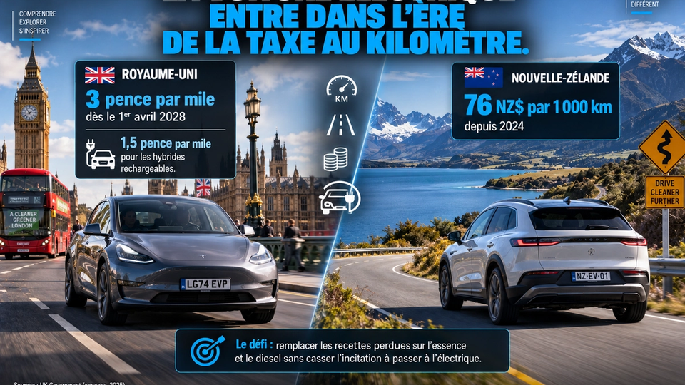 Illustration STORIMITIK comparant les taxes kilométriques sur véhicules électriques au Royaume-Uni et en Nouvelle-Zélande.
