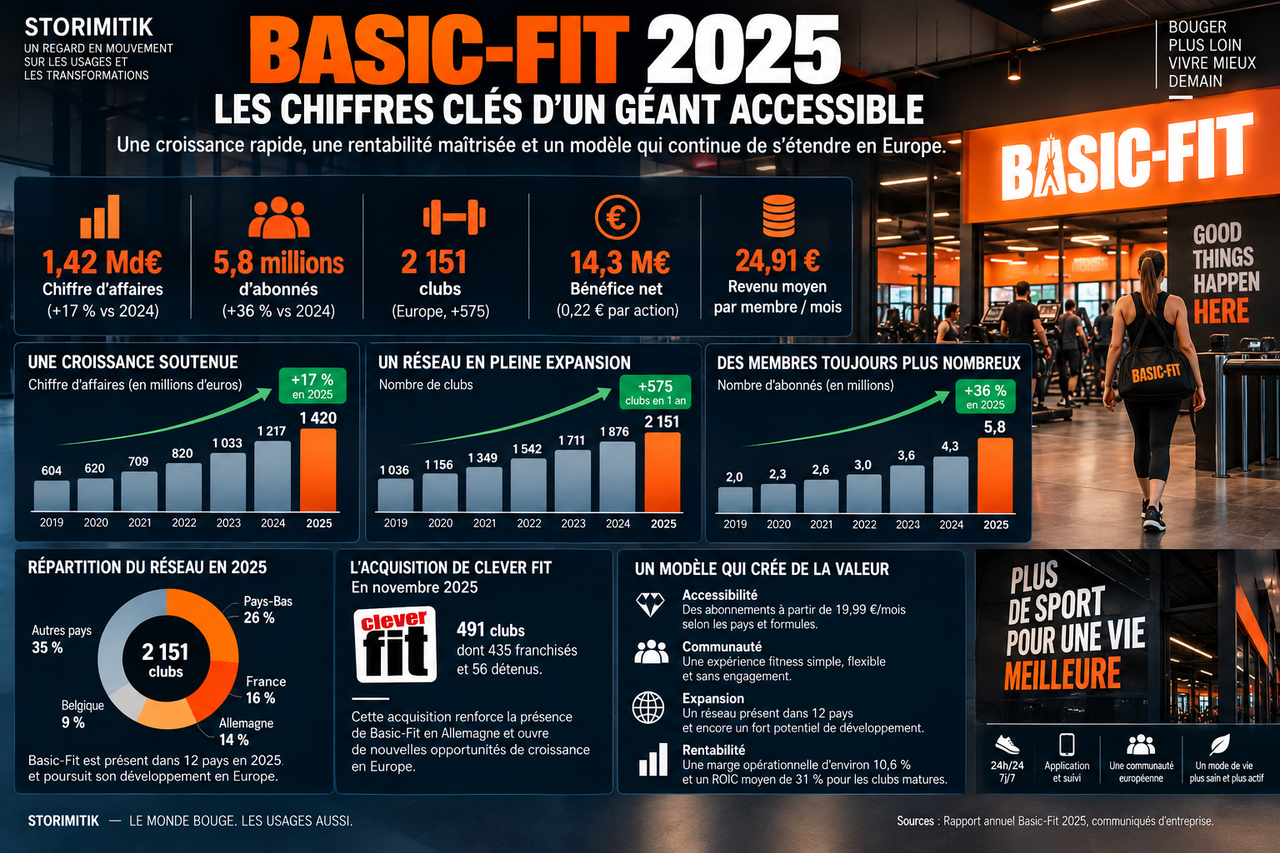 Tableau de bord DATA STORIMITIK consacré aux chiffres 2025 de Basic-Fit.