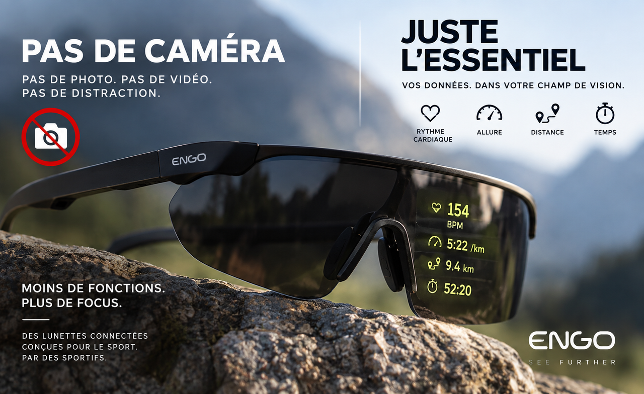 Lunettes ENGO avec la mention pas de caméra et les données sportives essentielles affichées : rythme cardiaque, allure, distance et temps.
