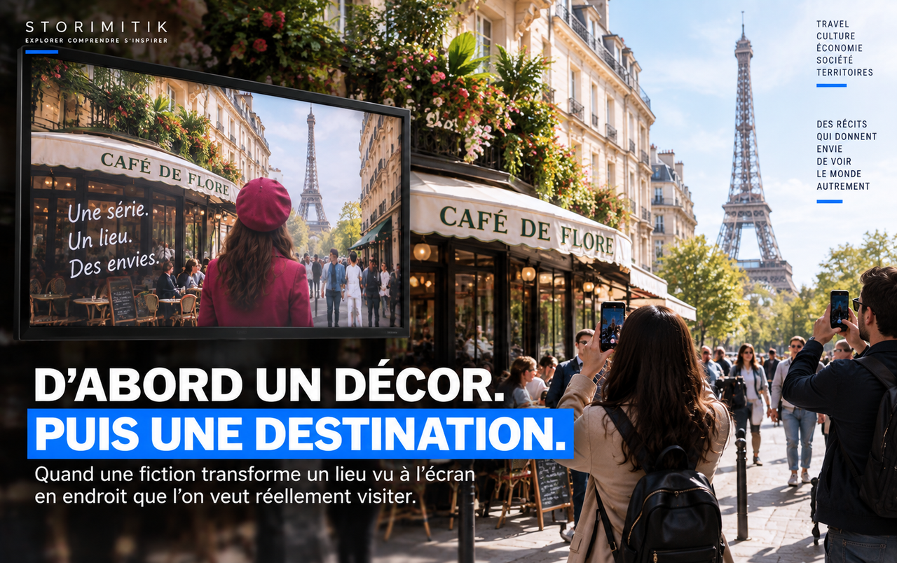 Rue parisienne fréquentée par des visiteurs, mise en parallèle avec son image de fiction pour illustrer la transformation d’un décor en destination.