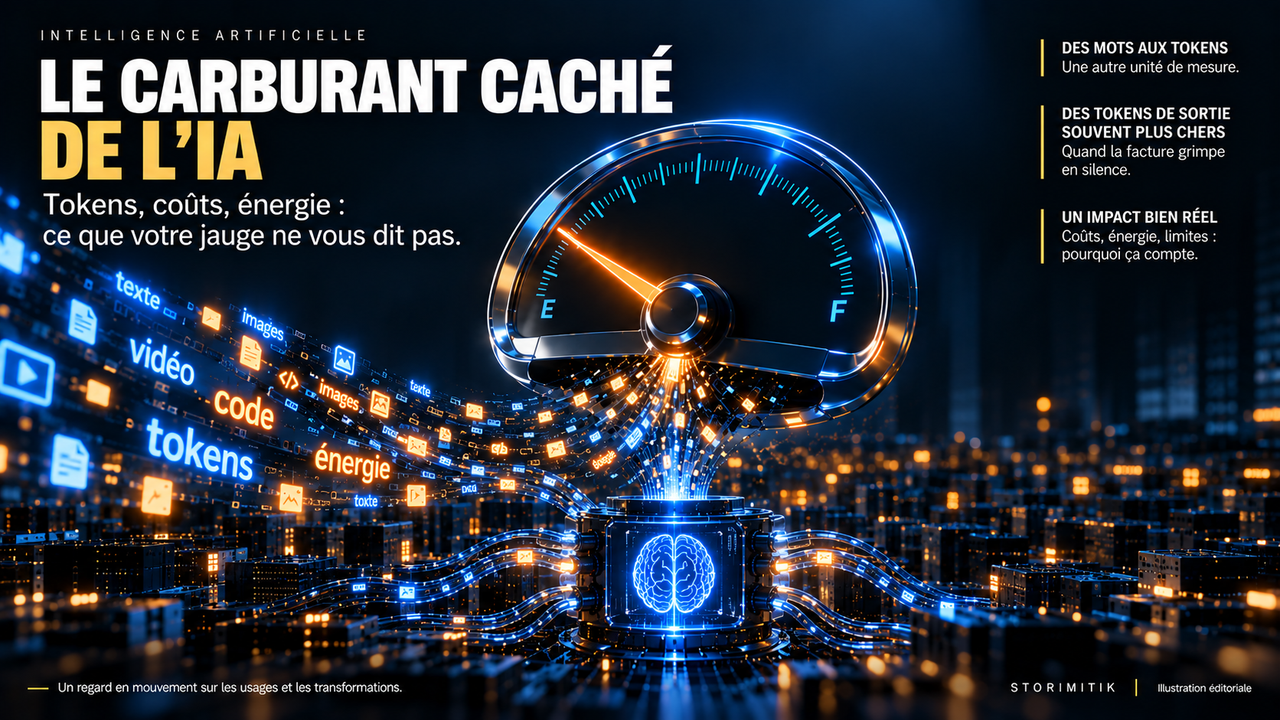 Illustration éditoriale STORIMITIK représentant une jauge métaphorique de la consommation de tokens d’une intelligence artificielle.