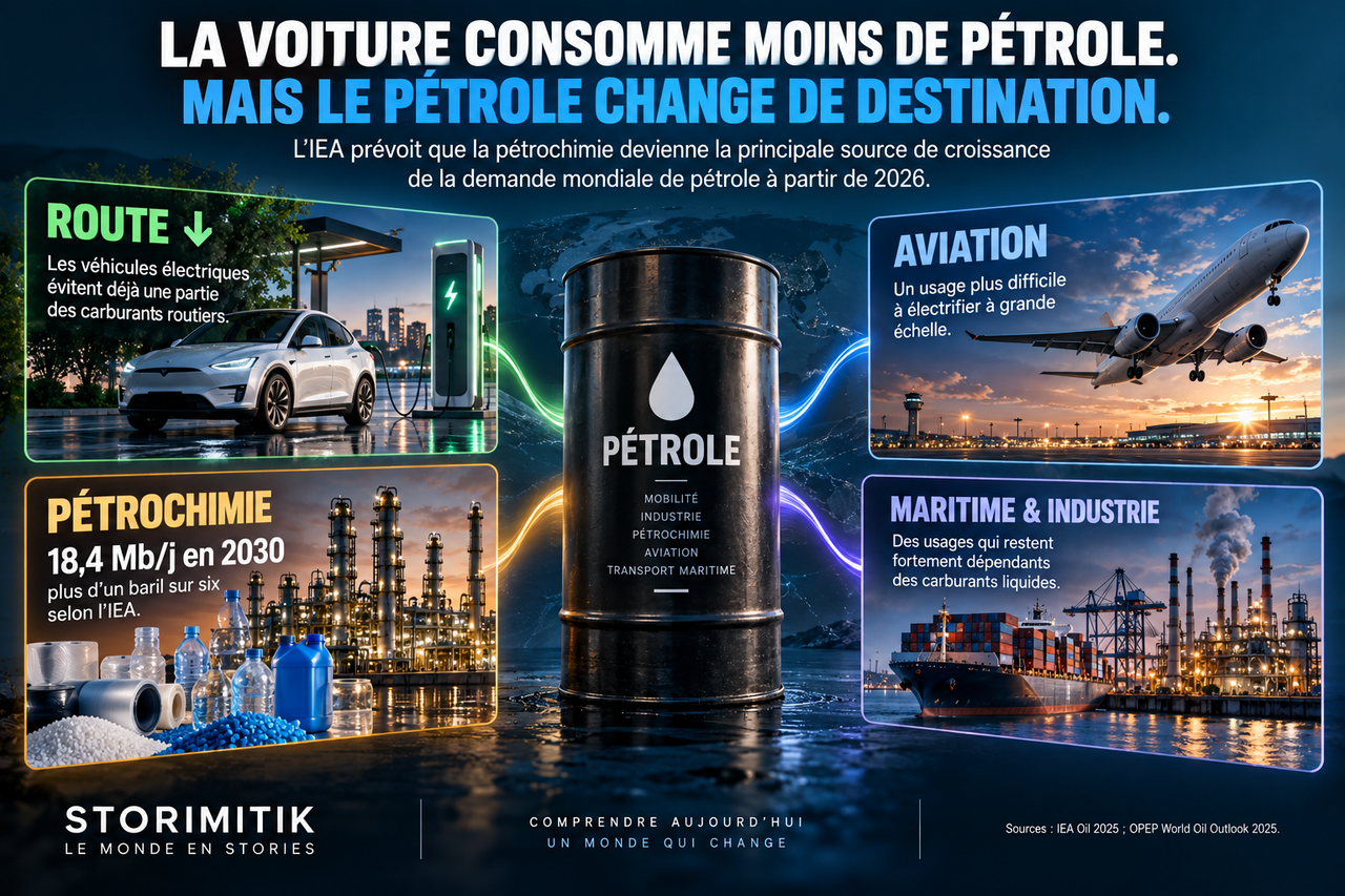 Infographie STORIMITIK montrant le déplacement de la demande pétrolière de la route vers la pétrochimie, l’aviation et d’autres usages.