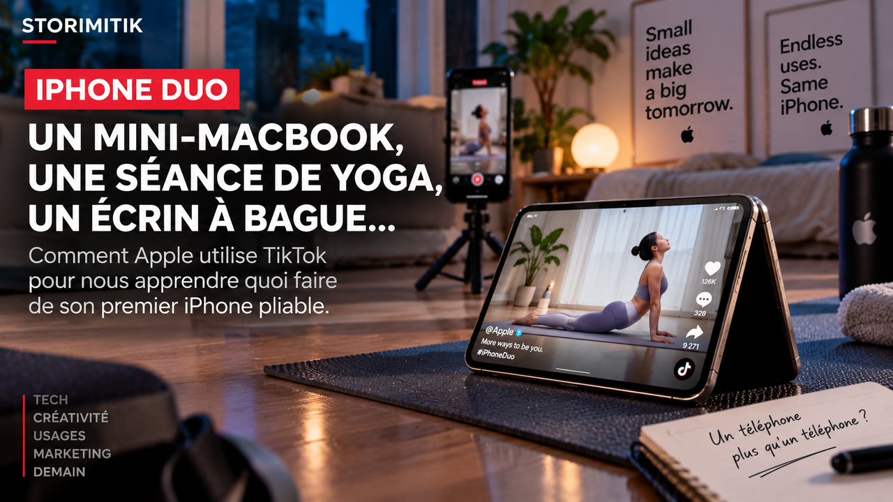 Visuel STORIMITIK montrant un iPhone Duo plié en position chevalet diffusant une séance de yoga, dans l’esprit des mini-sketchs TikTok de lancement.