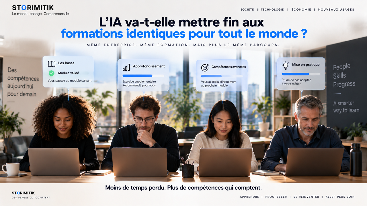 Plusieurs salariés suivent une formation numérique avec des parcours personnalisés différents.