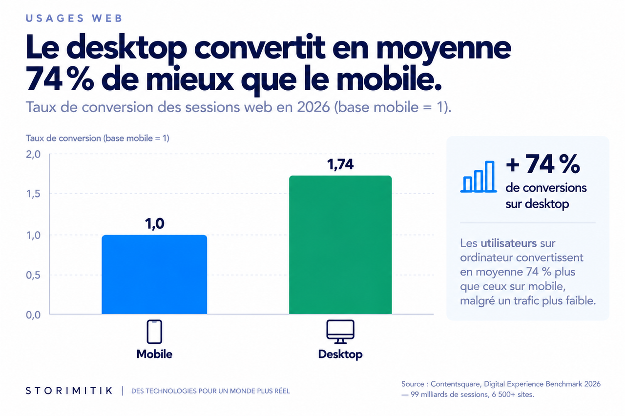 Graphique en barres montrant un indice de conversion de 1 sur mobile et 1,74 sur desktop.