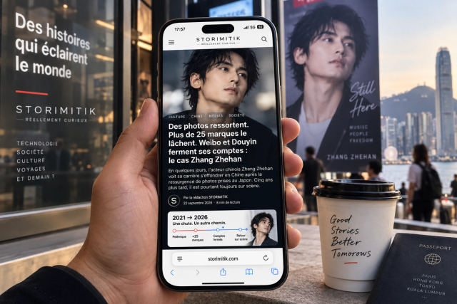 Mise en situation générée montrant la Storie Zhang Zhehan affichée sur smartphone.